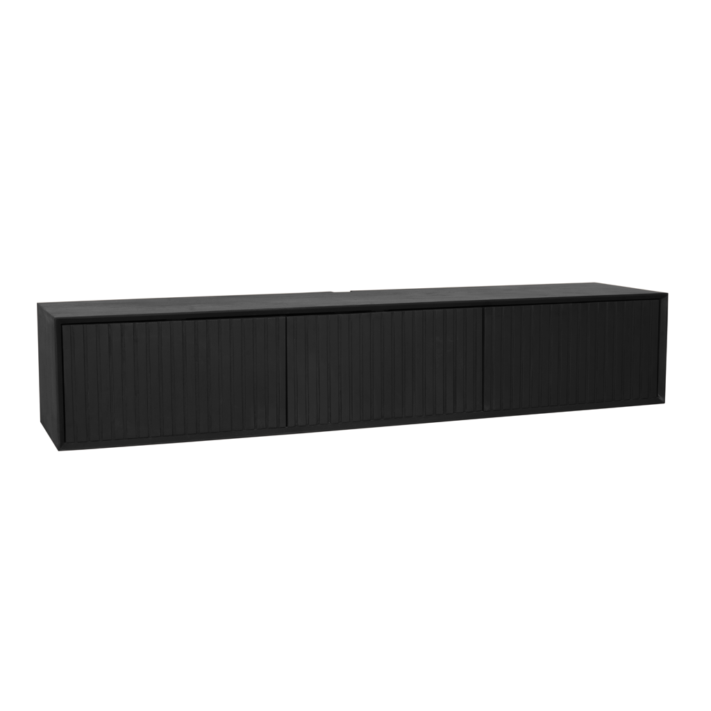 Schwebendes TV-Board Mandy Schwarz 160x35x30 cm – modernes Mangoholz Lowboard mit Lamellenfront & Push-to-Open