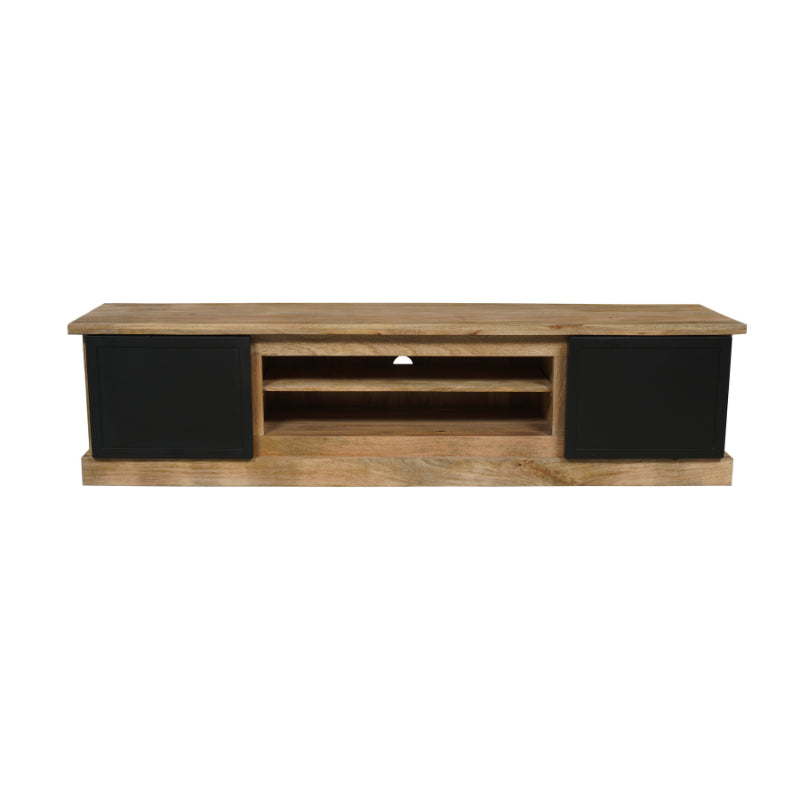 TV-Board Nizza 200 x 45 x 50 cm – Mangoholz & schwarze Metalltüren, mit 2 Türen & 4 Schubladen