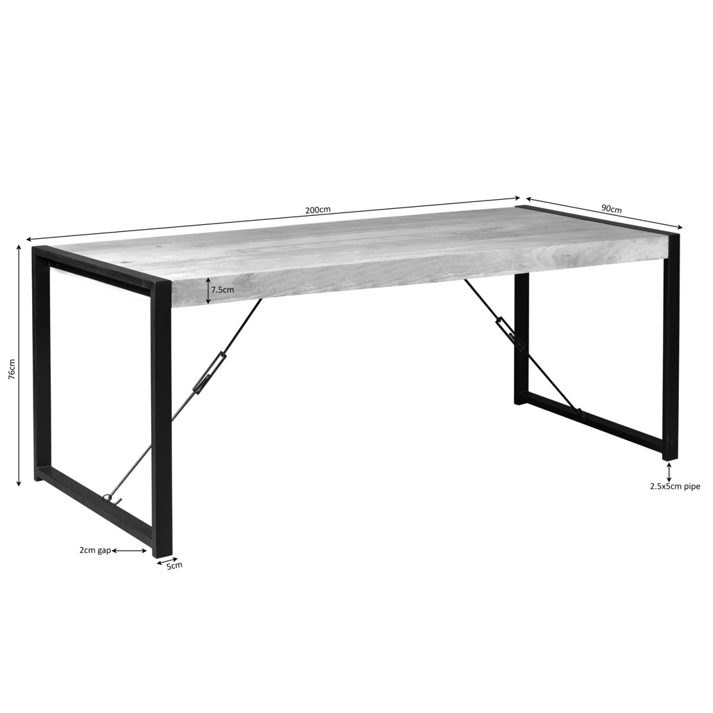 Esstisch Bori – Mangoholz & Metall, Klarlack, 200 x 90 cm mit U-Gestell in Schwarz