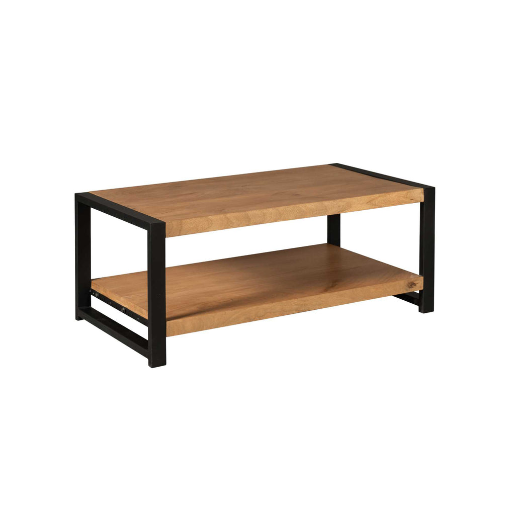 Couchtisch Bori – Rechteckiger Tisch aus Mangoholz & Metall mit Ablagefach, 110 x 60 x 45 cm