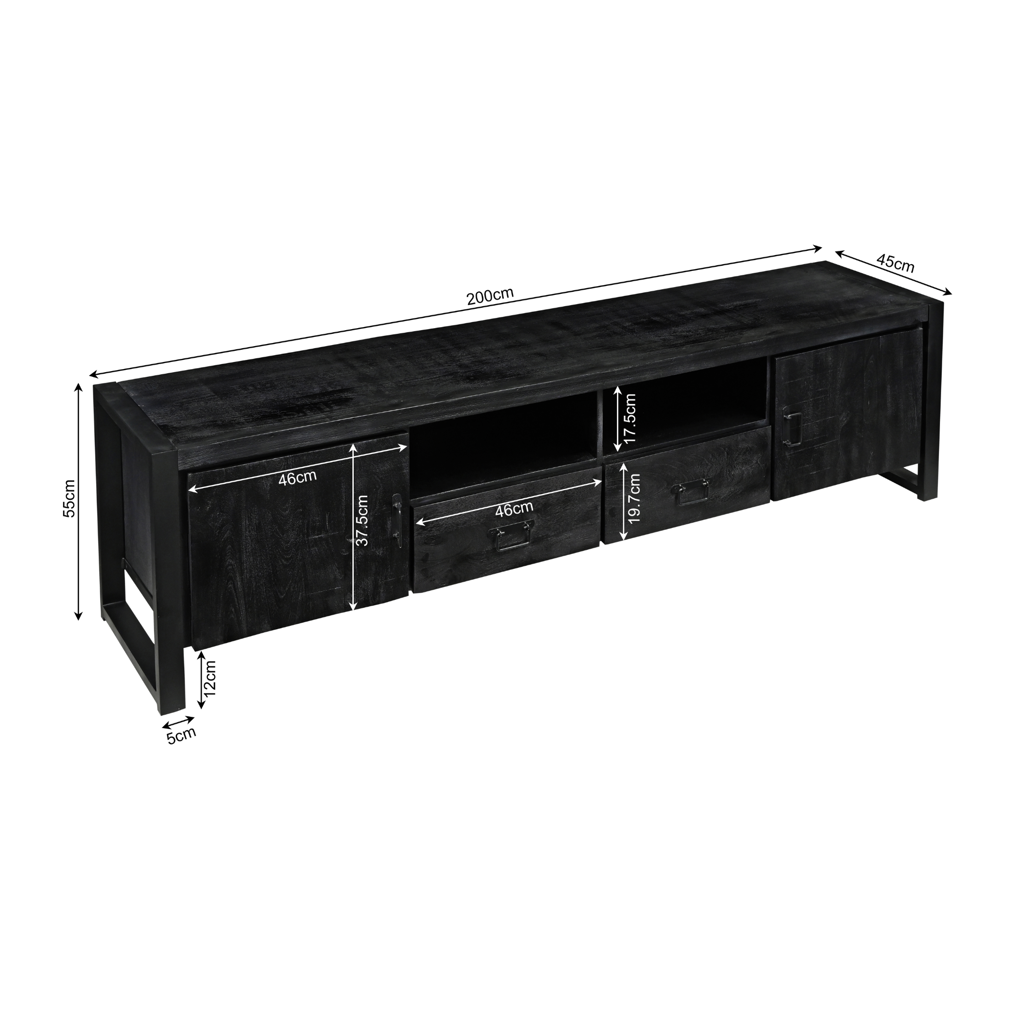 TV-Board Bori Schwarz – Mangoholz & Metall mit 2 Türen, 2 Schubladen & 2 offenen Fächern, 200 x 45 x 55 cm
