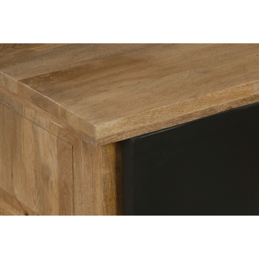Couchtisch Nizza – moderner Salontisch aus Mangoholz & Metall mit Türen und Schubladen, 80 x 80 x 45 cm