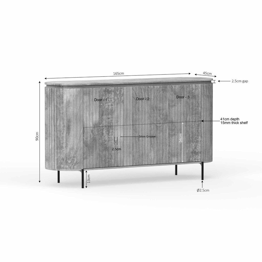 Kommode Sole – Mangoholz mit vertikalem Lattenmuster, 165 x 45 x 90 cm, modernes und zeitloses Design