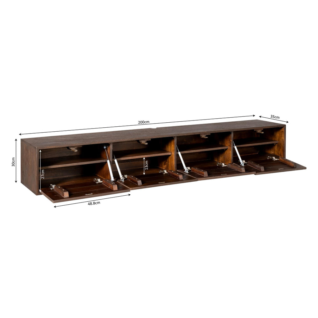 TV-Board Focus Braun – Schwebendes Lowboard aus Mangoholz mit Push-to-Open, 200 x 35 x 30 cm, modernes Wandmöbel
