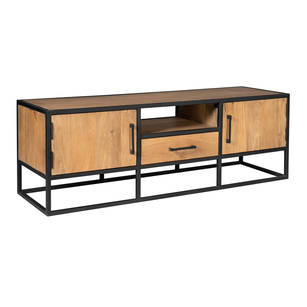 TV-Board Delta Natur – modernes Lowboard aus Mangoholz mit Schublade & 2 Türen, schwarzer Metallrahmen, 145 x 45 x 50 cm