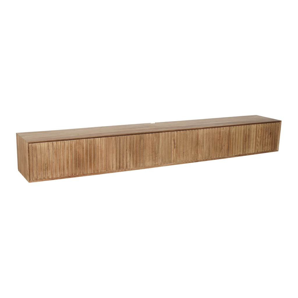 TV-Board Mandy Naturel – Schwebendes Lowboard aus Mangoholz mit Lamellentüren & Push-to-Open, 280 x 35 x 30 cm, modernes TV-Board