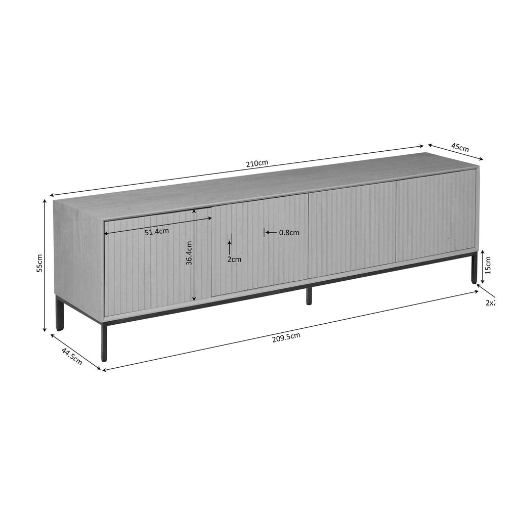 TV-Board Mandy Braun 210 x 45 x 55 cm – Mangoholz mit 4 Türen & Lattenmuster
