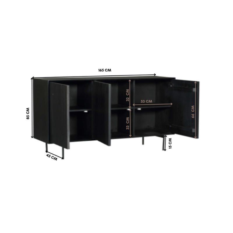 Sideboard Mandy Schwarz – Mangoholz mit Metallrahmen, 3 Türen im Latten-Design, 165 x 45 x 85 cm