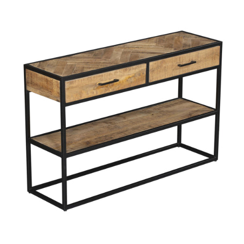 Beistelltisch Aloy – Mangoholz & Metall mit 2 Schubladen und Ablage, 120 x 35 x 76 cm, moderner Konsolentisch in Schwarz