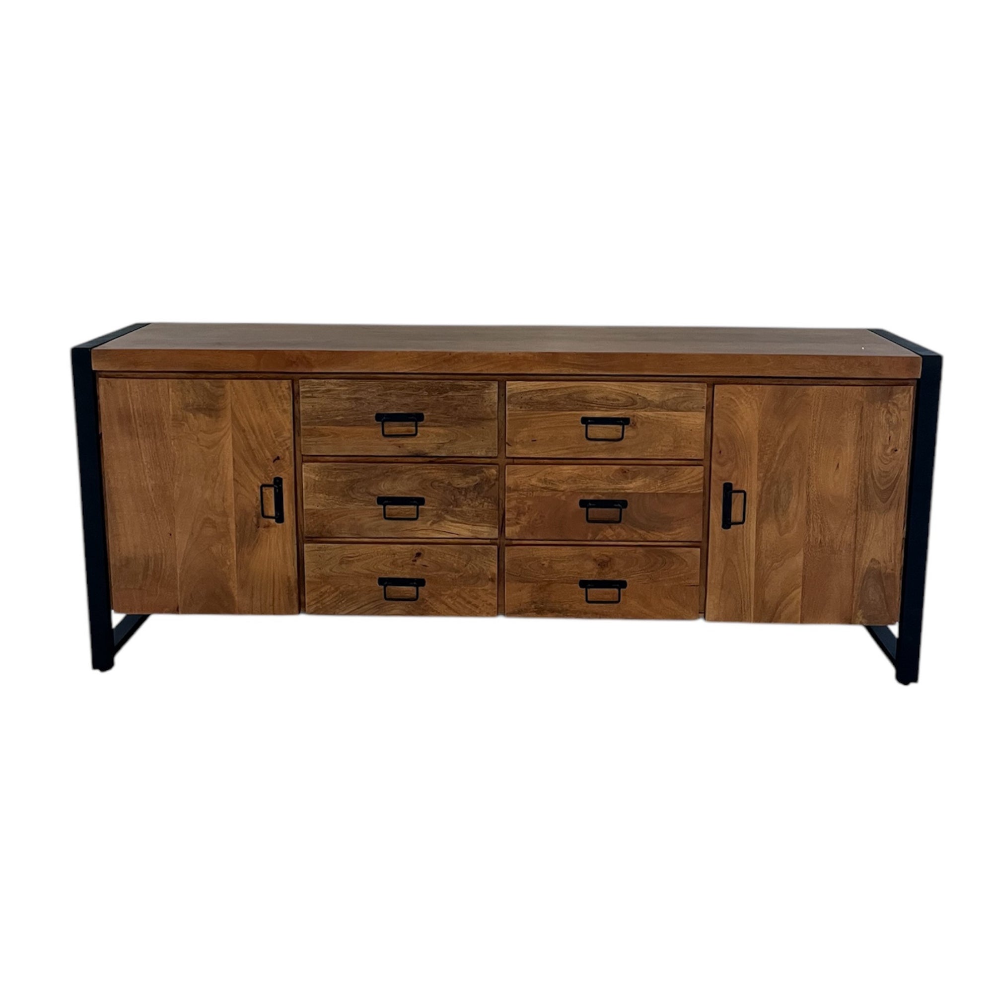 Sideboard Bori Natur – modernes Mangoholz in warmem Finish mit schwarzem Metallgestell, 2 Türen & 6 Schubladen, 200 x 40 x 80 cm