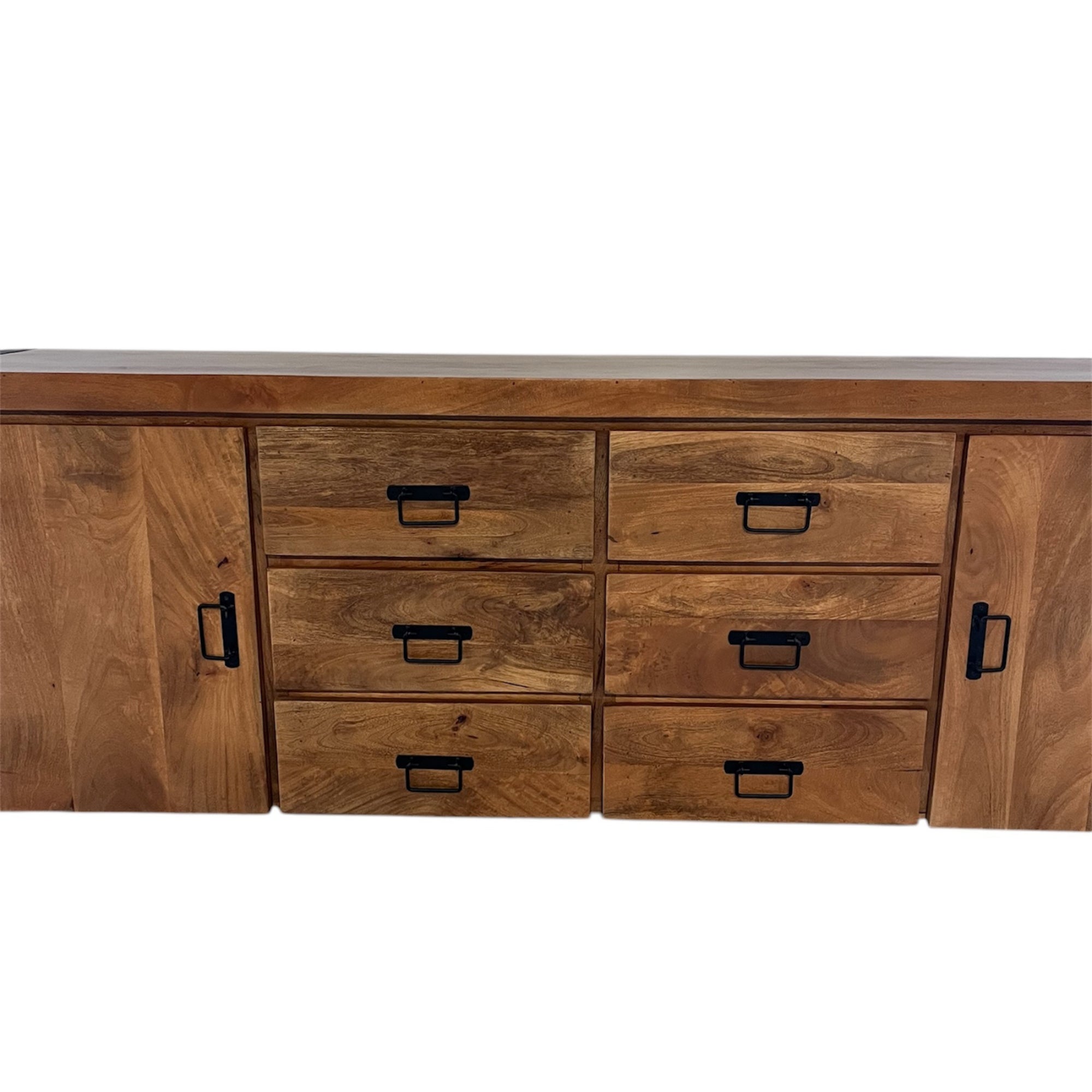 Sideboard Bori Natur – modernes Mangoholz in warmem Finish mit schwarzem Metallgestell, 2 Türen & 6 Schubladen, 200 x 40 x 80 cm