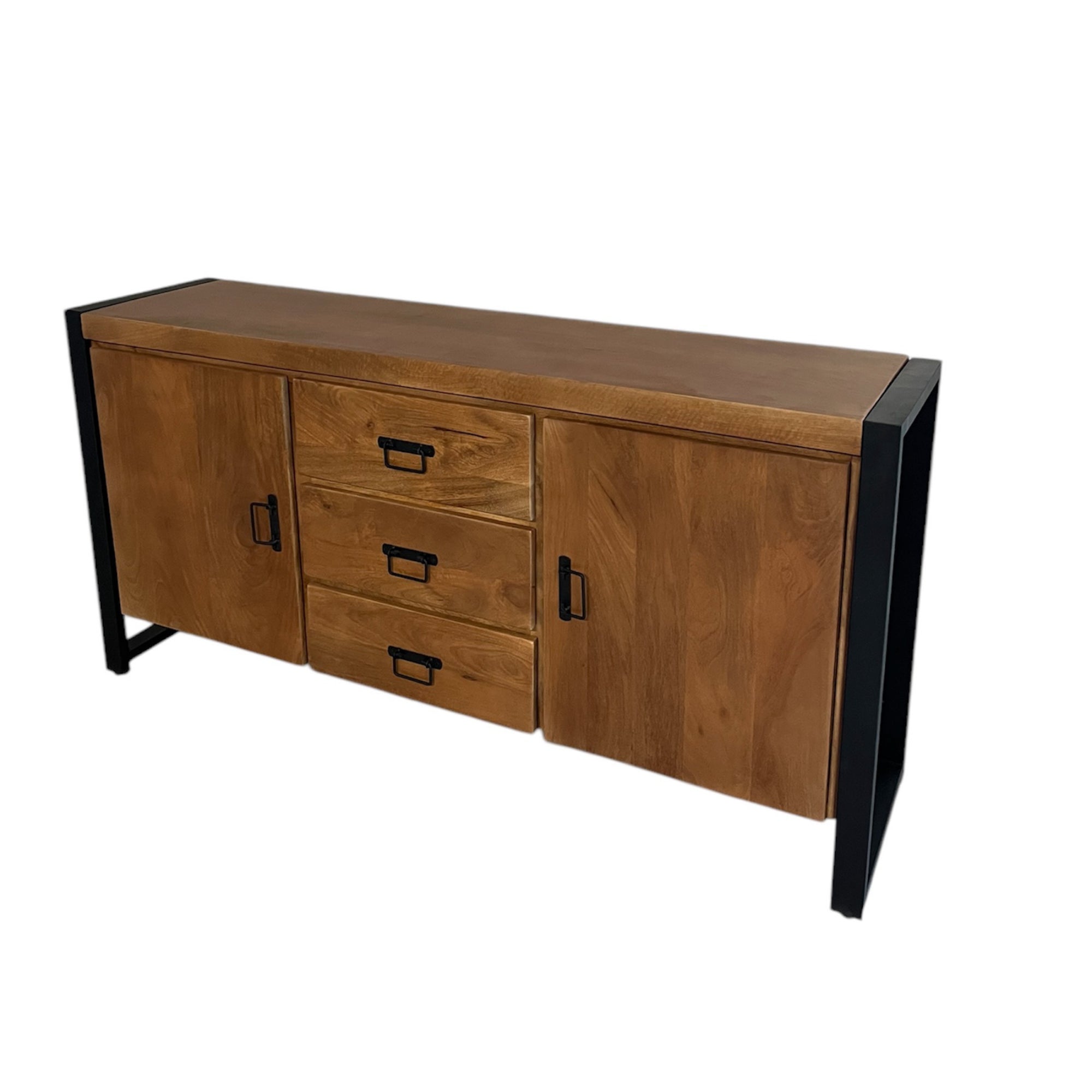 Sideboard Bori Natur – modernes Mangoholz in warmem Finish mit schwarzem Metallgestell, 2 Türen & 6 Schubladen, 200 x 40 x 80 cm