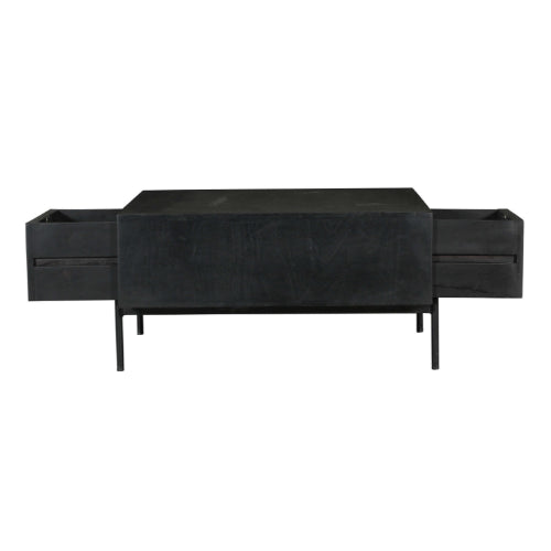 Couchtisch Mandy 80x80x40 cm – Massives Mangoholz mit Schubladen, offenem Fach & schwarzen Metallbeinen