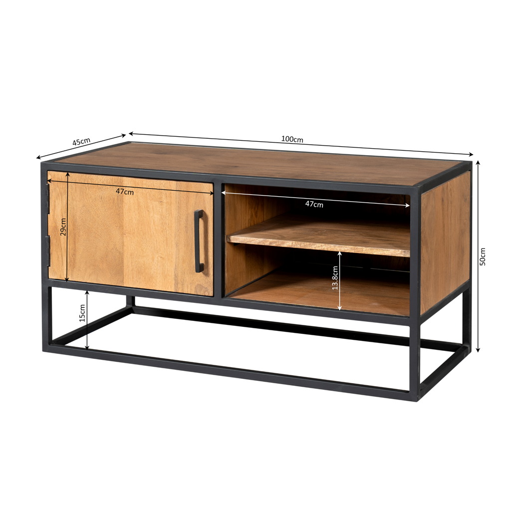 TV-Board Delta – Mangoholz mit schwarzem Gestell & Holzeinlagen, 100 x 45 x 50 cm