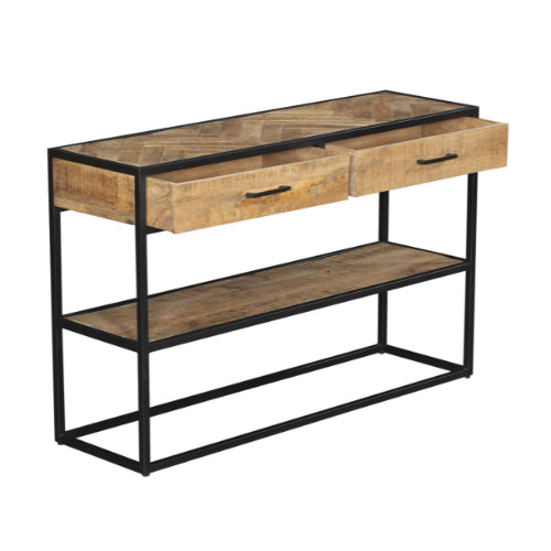Beistelltisch Aloy – Mangoholz & Metall mit 2 Schubladen und Ablage, 120 x 35 x 76 cm, moderner Konsolentisch in Schwarz