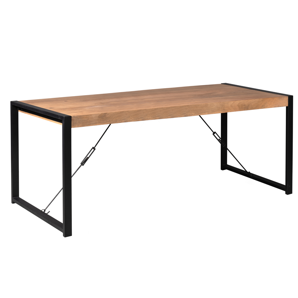 Esstisch Bori – Mangoholz & Metall, Klarlack, 200 x 90 cm mit U-Gestell in Schwarz