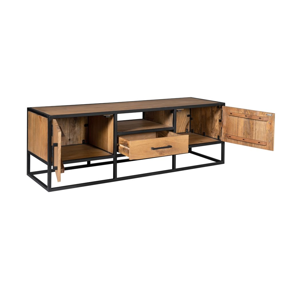 TV-Board Delta Natur – modernes Lowboard aus Mangoholz mit Schublade & 2 Türen, schwarzer Metallrahmen, 145 x 45 x 50 cm
