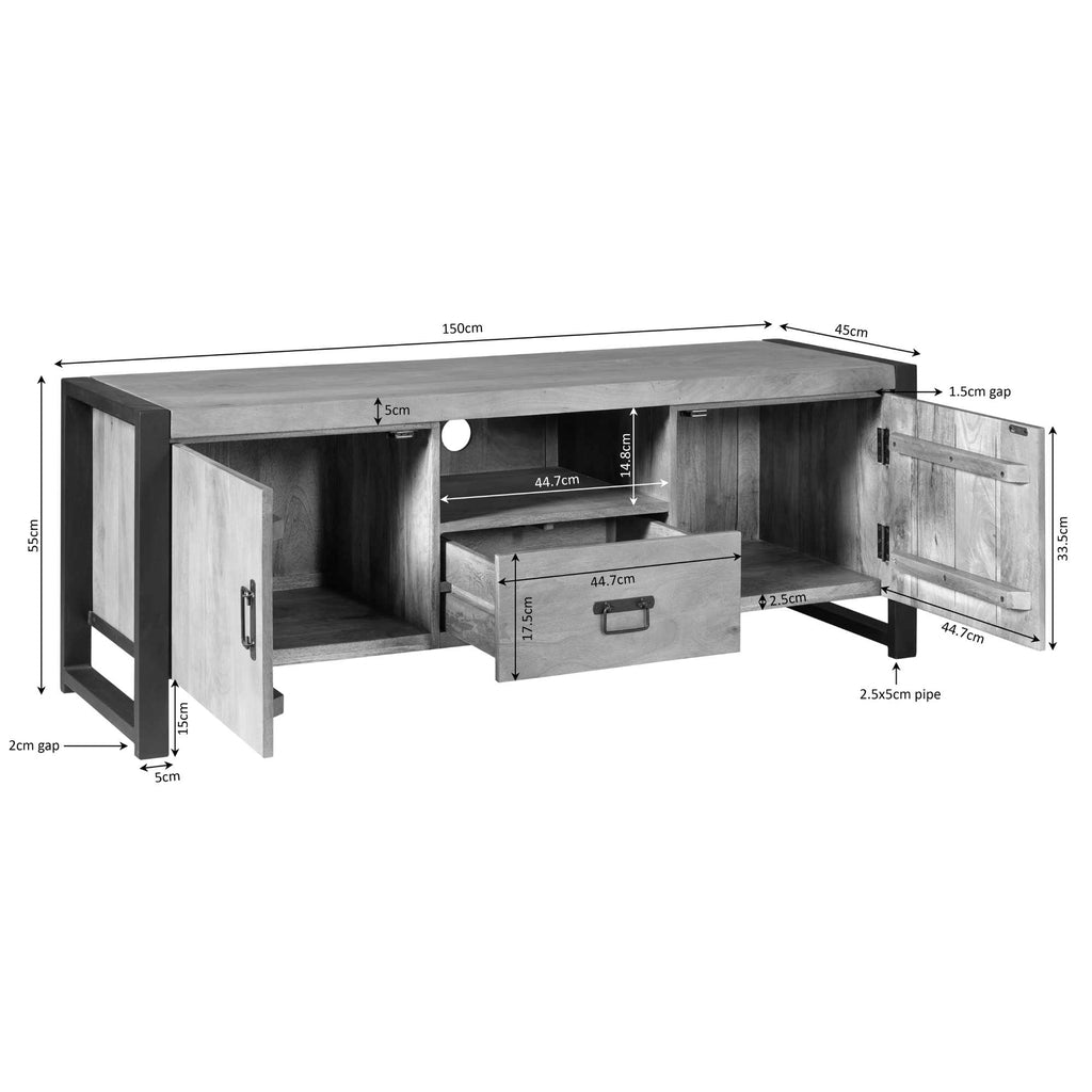 TV-Board Bori – Lowboard aus Mangoholz & Metall mit 2 Türen, Fach & Schublade, schwarzer Rahmen, modern & robust
