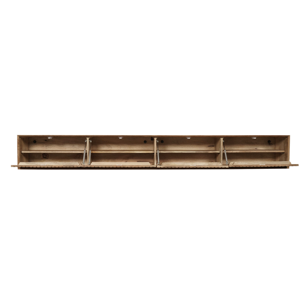 TV-Board Mandy Naturel – Schwebendes Lowboard aus Mangoholz mit Lamellentüren & Push-to-Open, 280 x 35 x 30 cm, modernes TV-Board