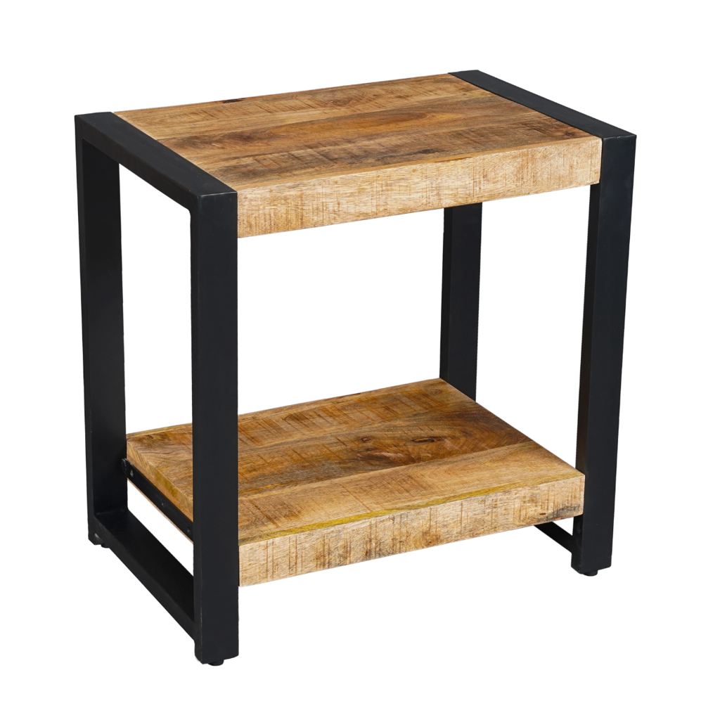 Beistelltisch Bori – Tisch aus Mangoholz & Metall mit Unterregal, klar lackiert, 60 x 60 x 45 cm