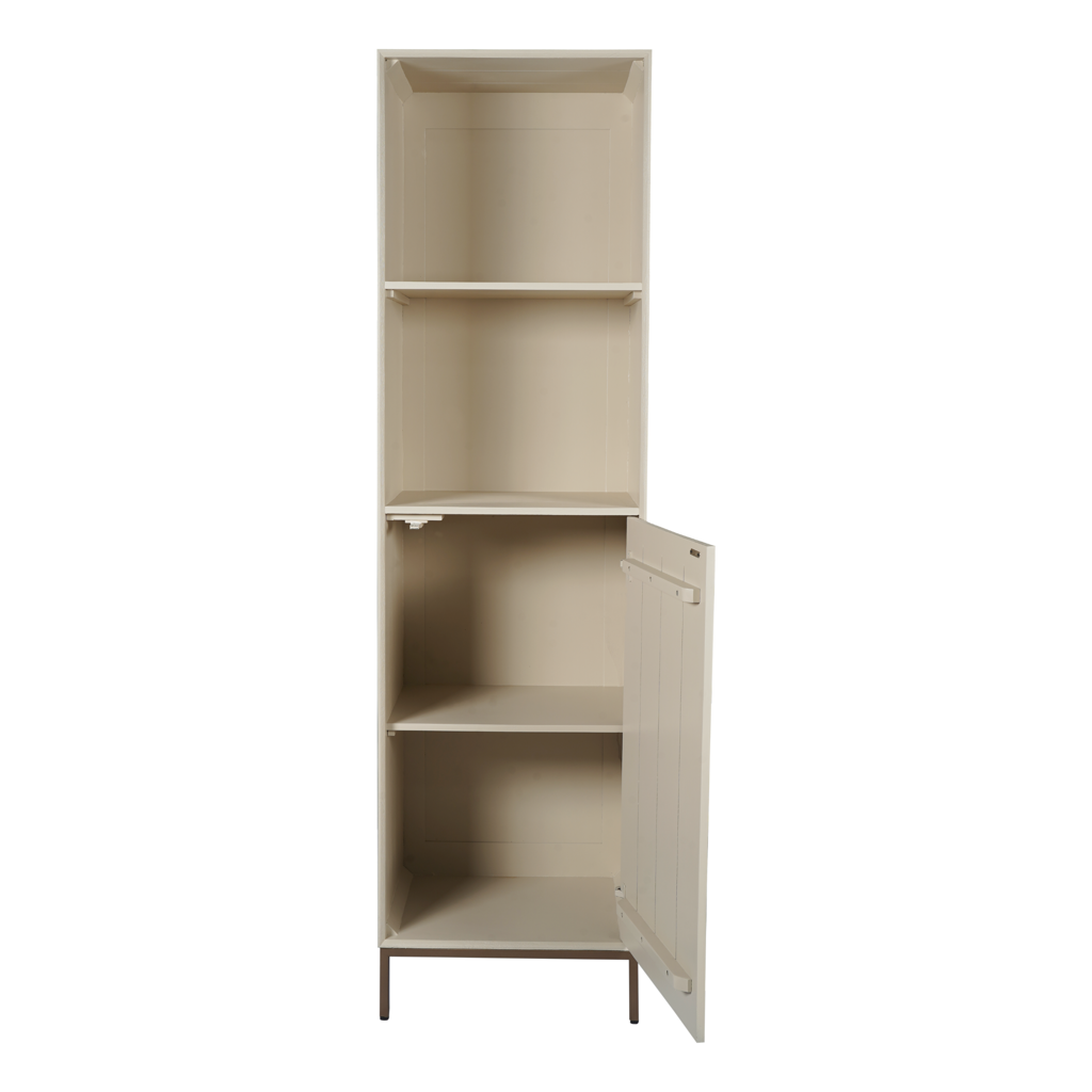 Bücherregal Mandy Sand – Mangoholz mit Sand-Finish & bronzefarbenem Metallgestell, 1 Tür & 2 offene Fächer, 55 x 45 x 200 cm