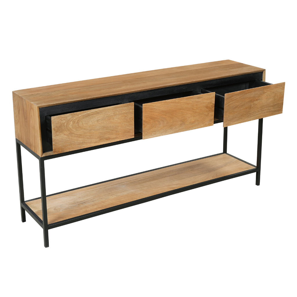 Konsolentisch Rois Mango Natur 150x35x76 cm – moderner Tisch mit 3 Schubladen & Metallgestell