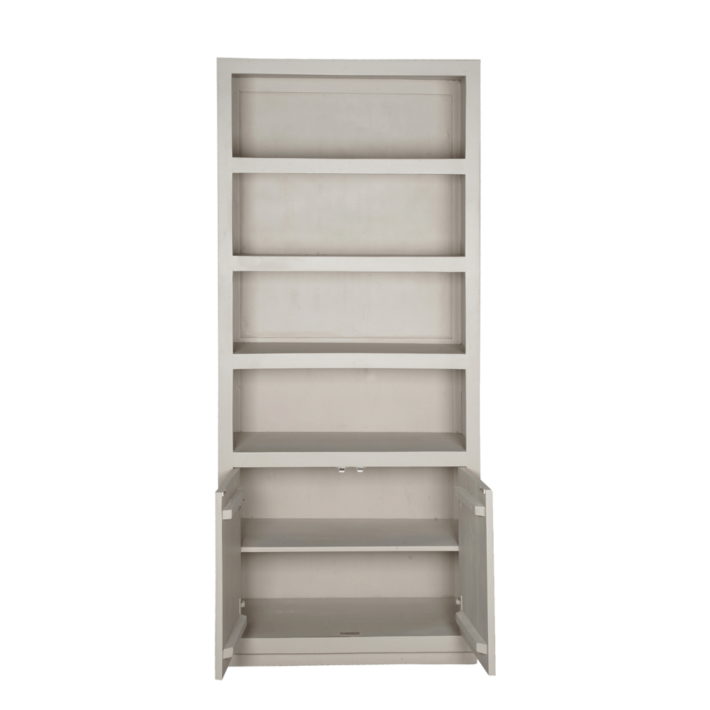 Bücherregal Bali 90x45x200 cm – Mangoholz Regal mit Sand-Finish, offenen Fächern & grifflosen Türen