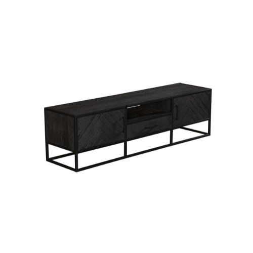 TV-Board Sydney Schwarz – Lowboard aus Mangoholz mit Fischgrätmuster & Stauraum, 180 x 45 x 50 cm