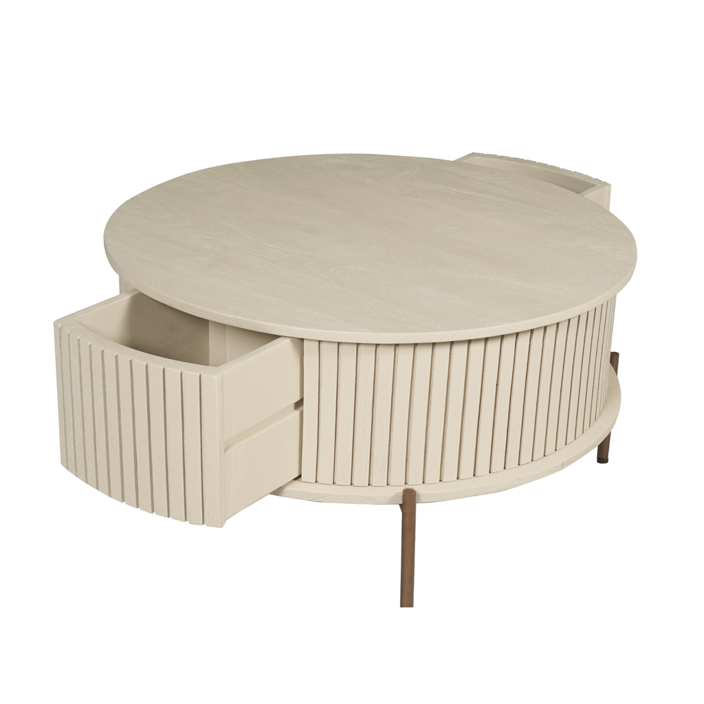 Couchtisch Mandy Sand 80x80x40 cm – Mangoholz mit Sandfinish, 2 Schubladen & bronzefarbenem Metallgestell