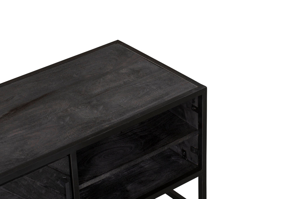 TV-Möbel Sydney Schwarz – Mangoholz mit Fischgrätmuster & Metallgestell, 100 x 45 x 50 cm