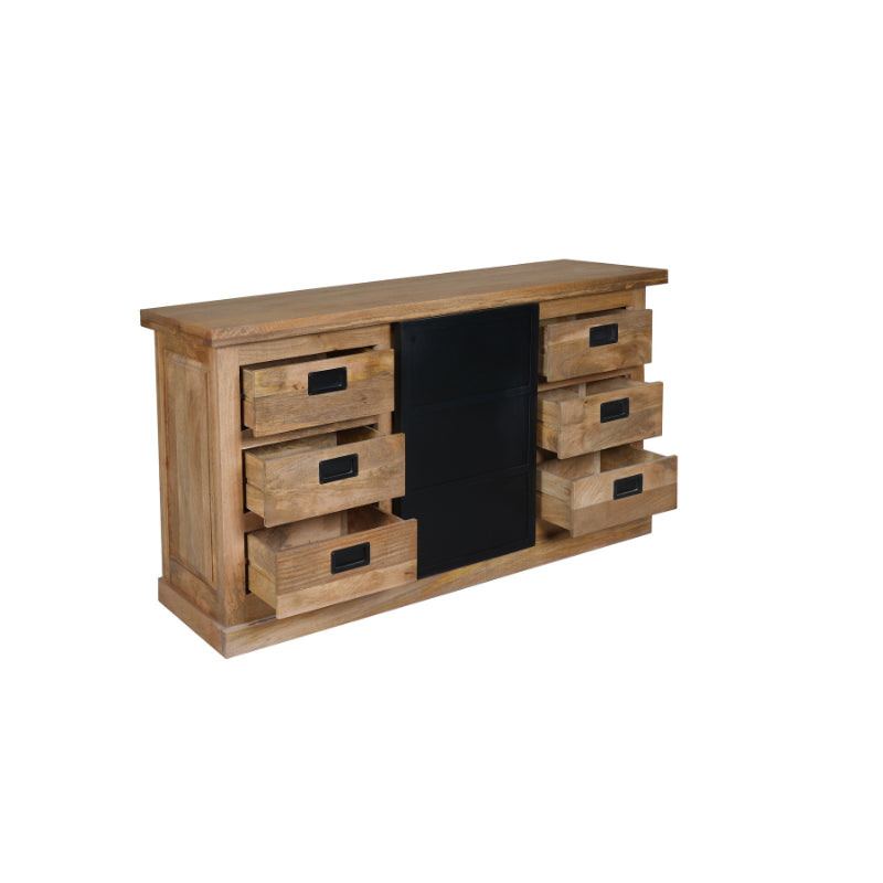 Sideboard Nizza – Mangoholz Kommode mit Metalltüren, 160×90×45 cm, stilvolles Möbelstück mit 1 Tür & 6 Schubladen im Holzstreifen-Design