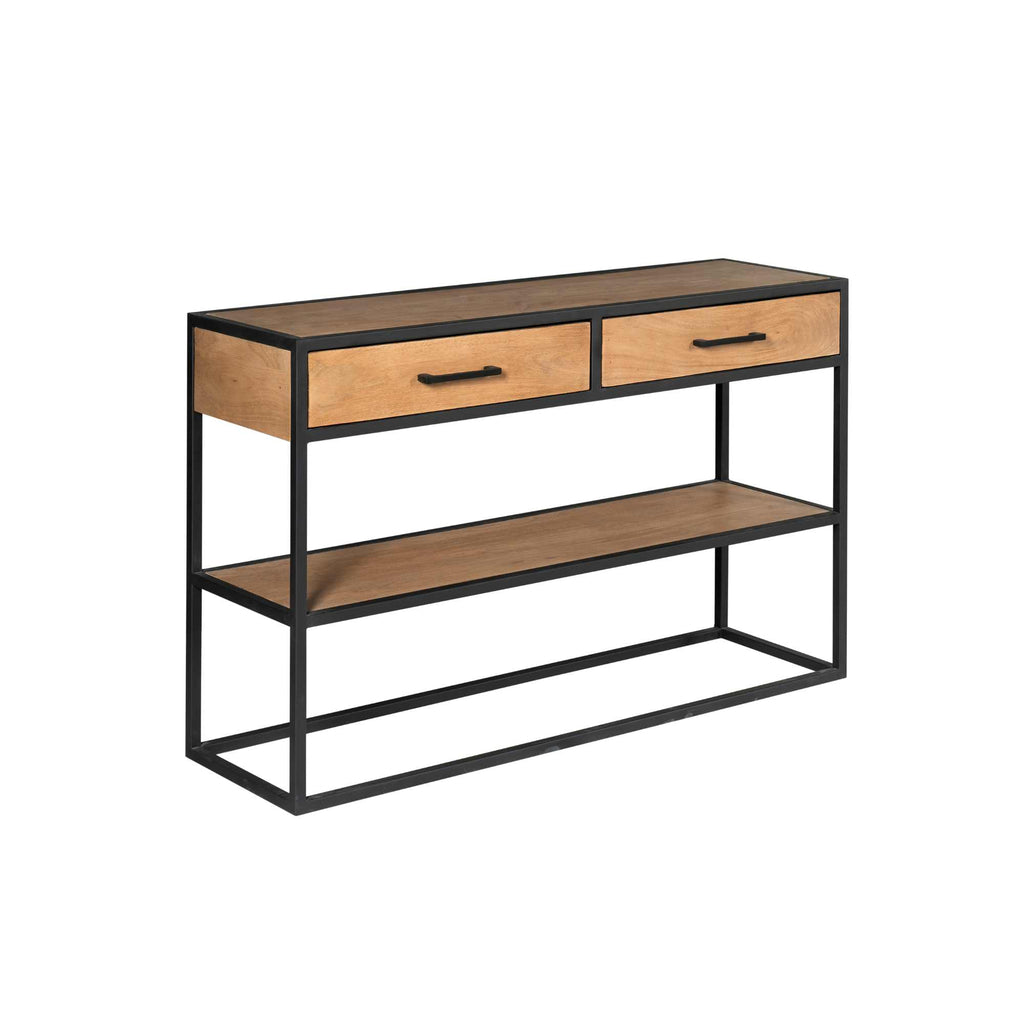 Beistelltisch Delta – Mangoholz & Metall mit 2 Schubladen & Ablage, 120 x 35 x 76 cm