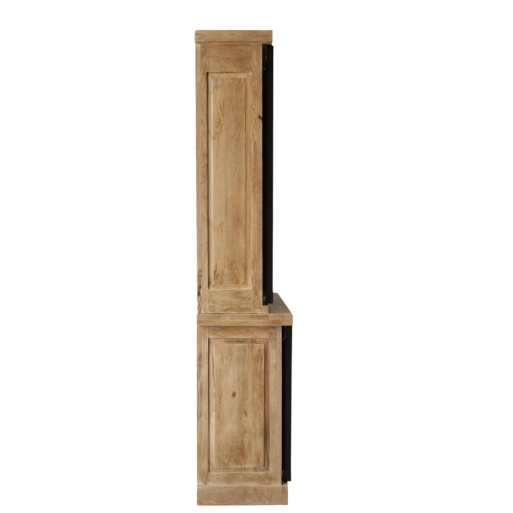 Vitrinenschrank Nizza 120x45x220 cm – Mangoholz mit schwarzen Metalltüren & modernen Holzeinlagen