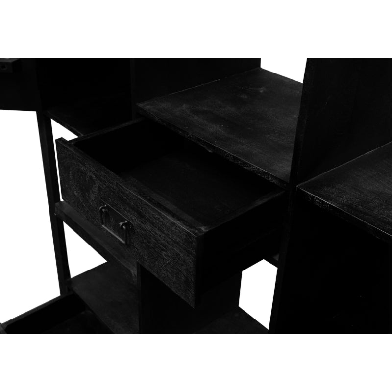 Bücherregal Bori Schwarz – Mangoholz, 4 Schubladen & Türen, 150 x 40 x 180 cm, modernes Stauraumwunder