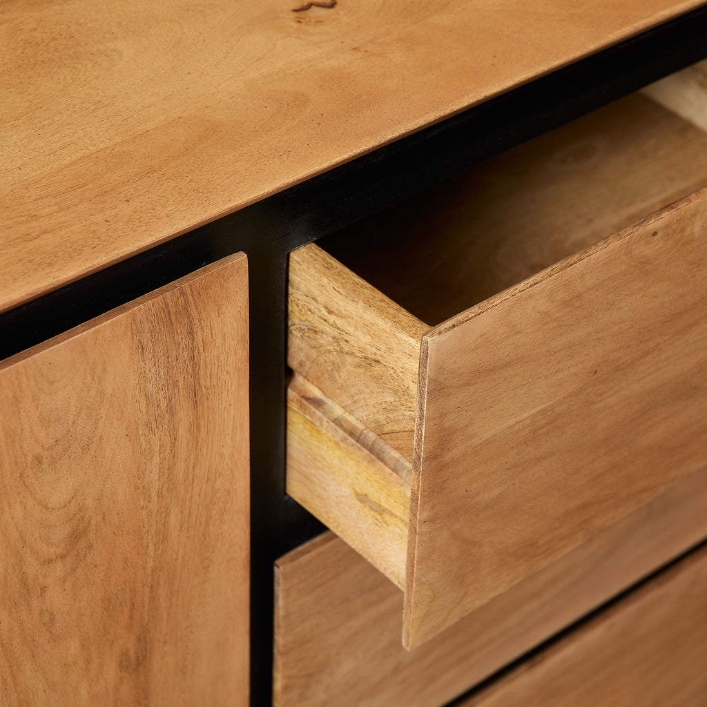 Sideboard Rois – Mangoholz mit schwarzem Metallrahmen, 2 Türen & 3 Schubladen, 160 x 45 x 85 cm