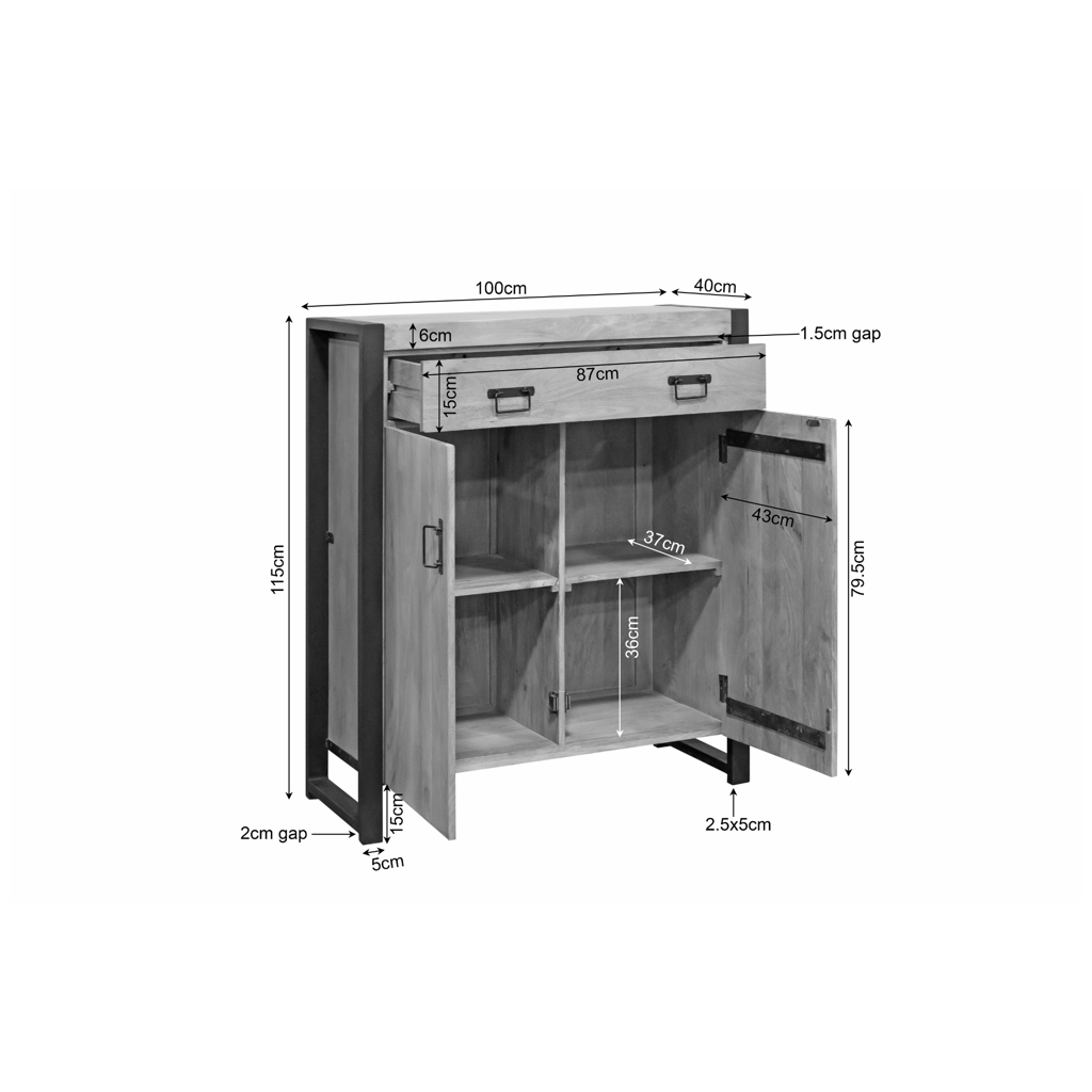 Schrank Bori – Mangoholzschrank 100×40×115 cm mit 2 Türen & 1 Schublade, Metallrahmen Schwarz