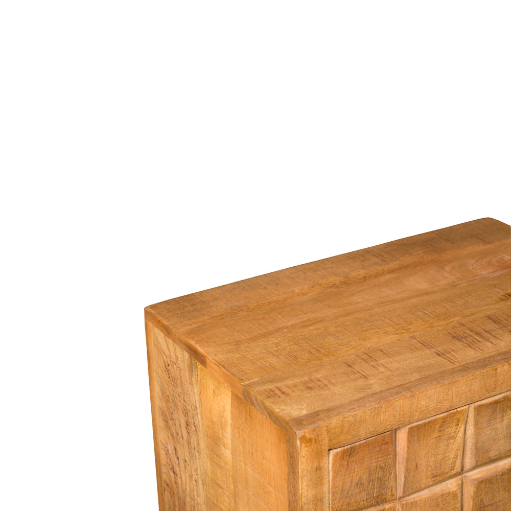 Highboard Jacky – Schrank aus Mangoholz mit geschnitztem Blockmuster & Metallgestell, 1 Tür & 1 Schublade, 60 x 40 x 103 cm