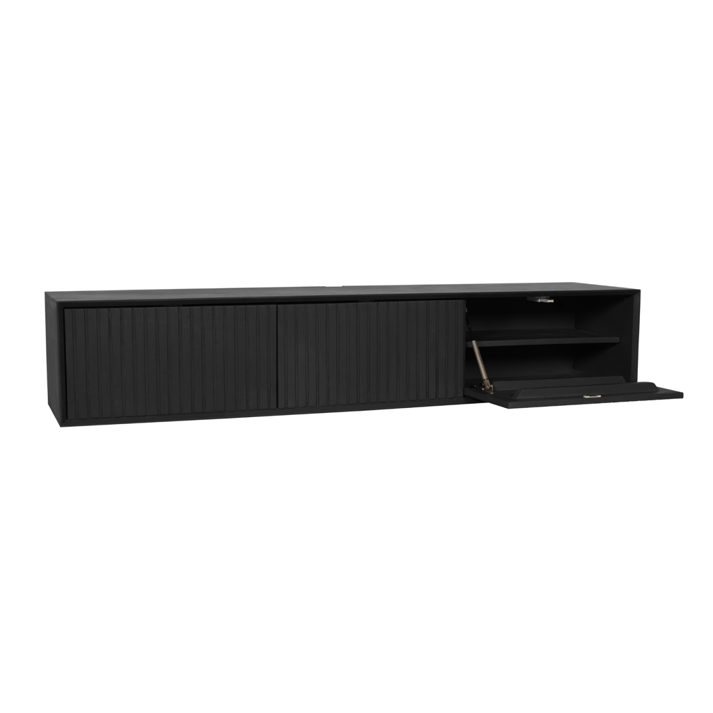 Schwebendes TV-Board Mandy Schwarz 160x35x30 cm – modernes Mangoholz Lowboard mit Lamellenfront & Push-to-Open