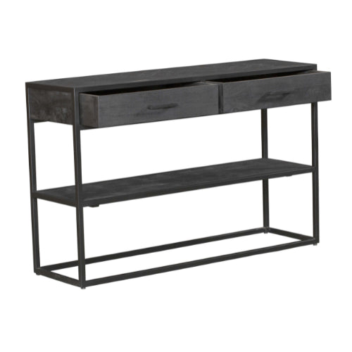 Beistelltisch Sydney – Mangoholz & Metall Schwarz, 120 x 35 x 76 cm, mit 2 Schubladen & Regal im Industriedesign