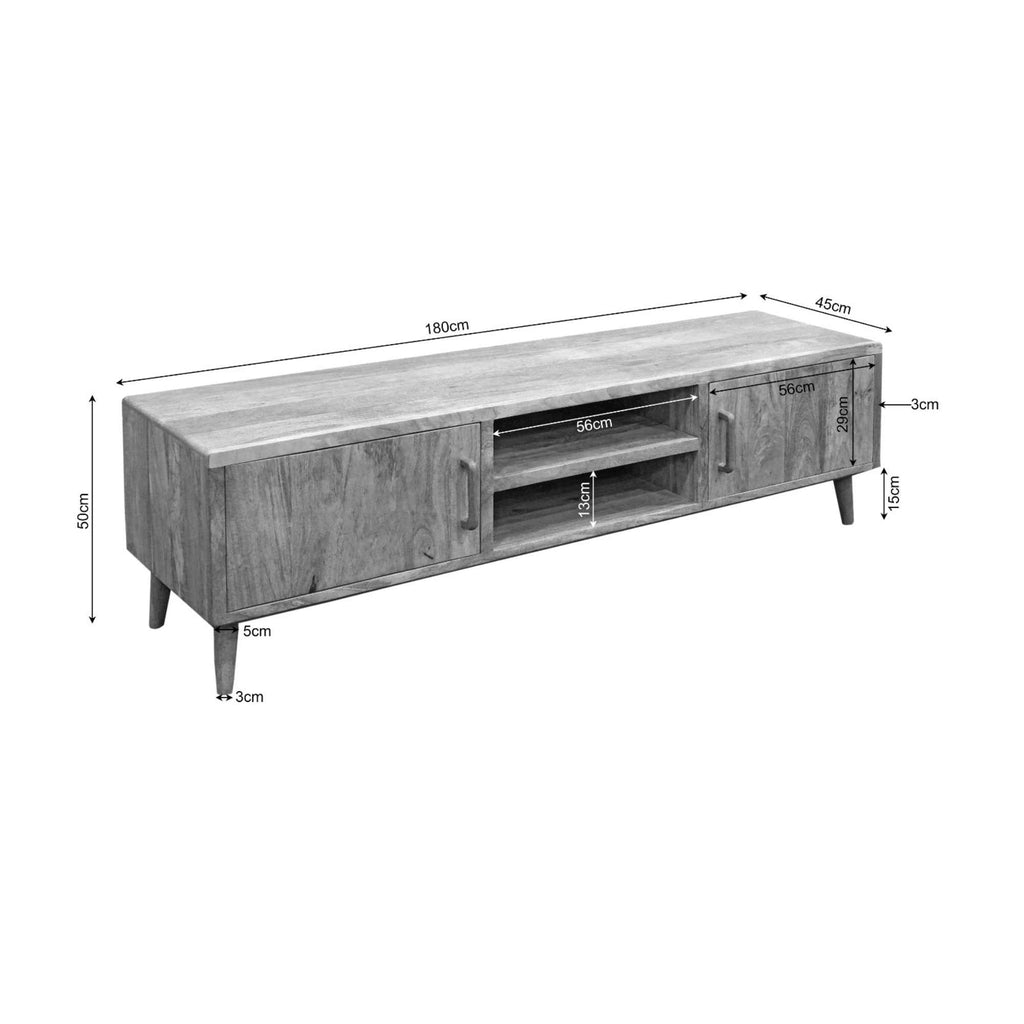TV-Board Raven – Mangoholz mit schwarzen Designelementen, 2 Türen & offene Fächer, 180 x 45 x 50 cm