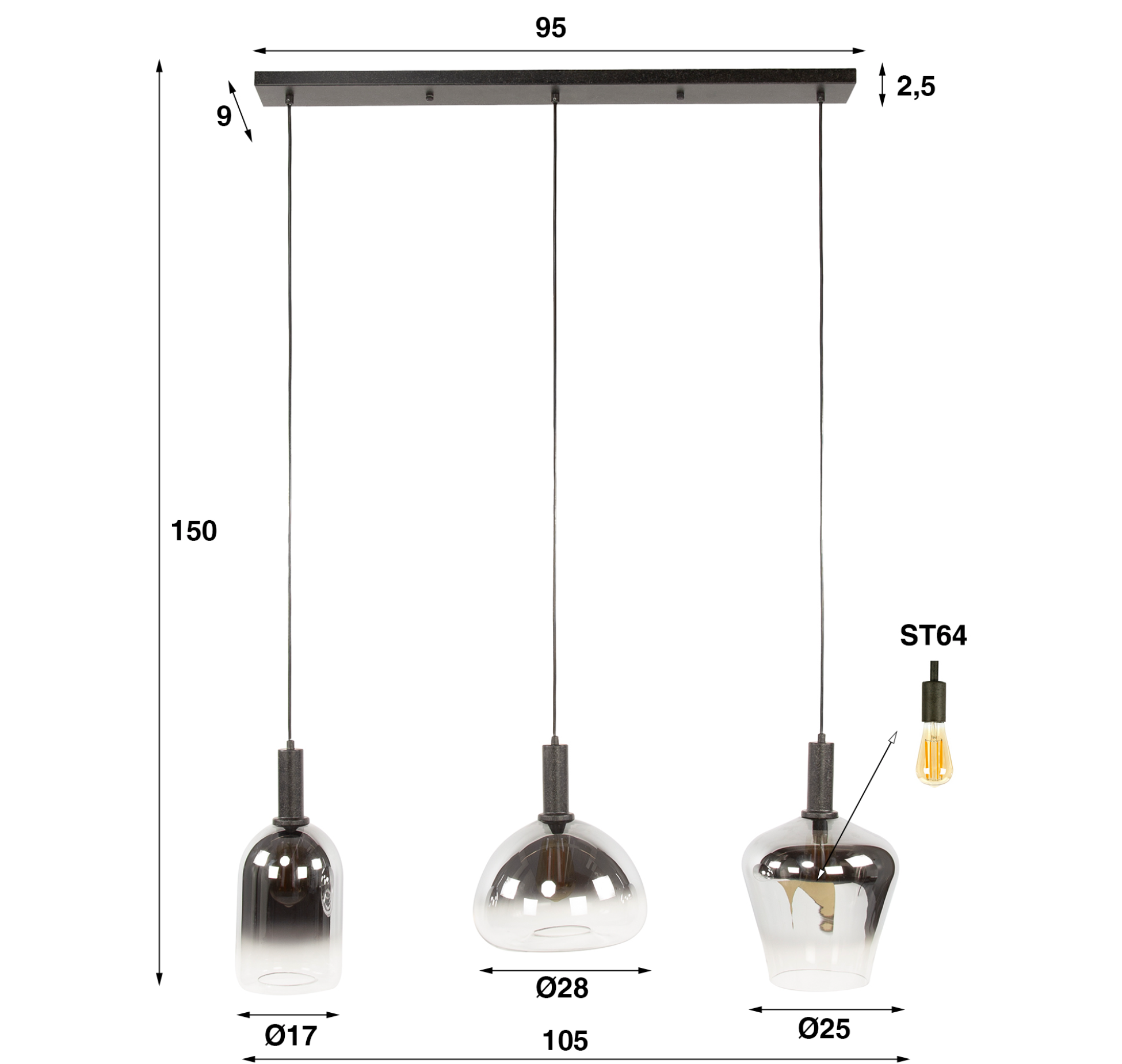 Pendelleuchte Lumea – 3-flammig, höhenverstellbar bis 150 cm, Glas mit Chromverlauf