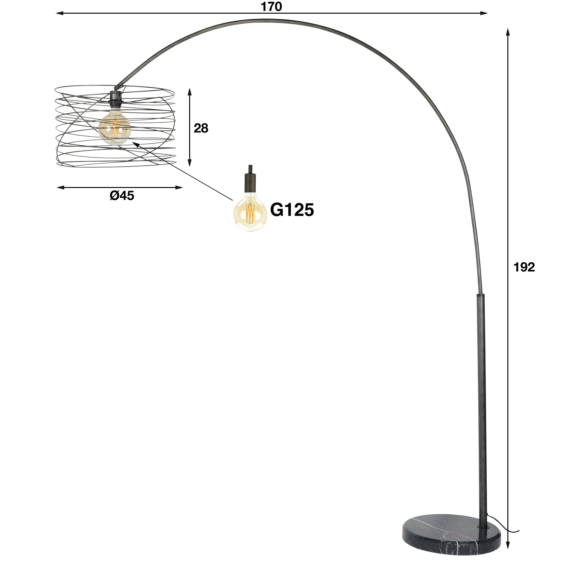 Bogenleuchte Arco Curl Ø45×170×192 cm – moderne Metall-Leuchte mit Marmorfuß, LED geeignet