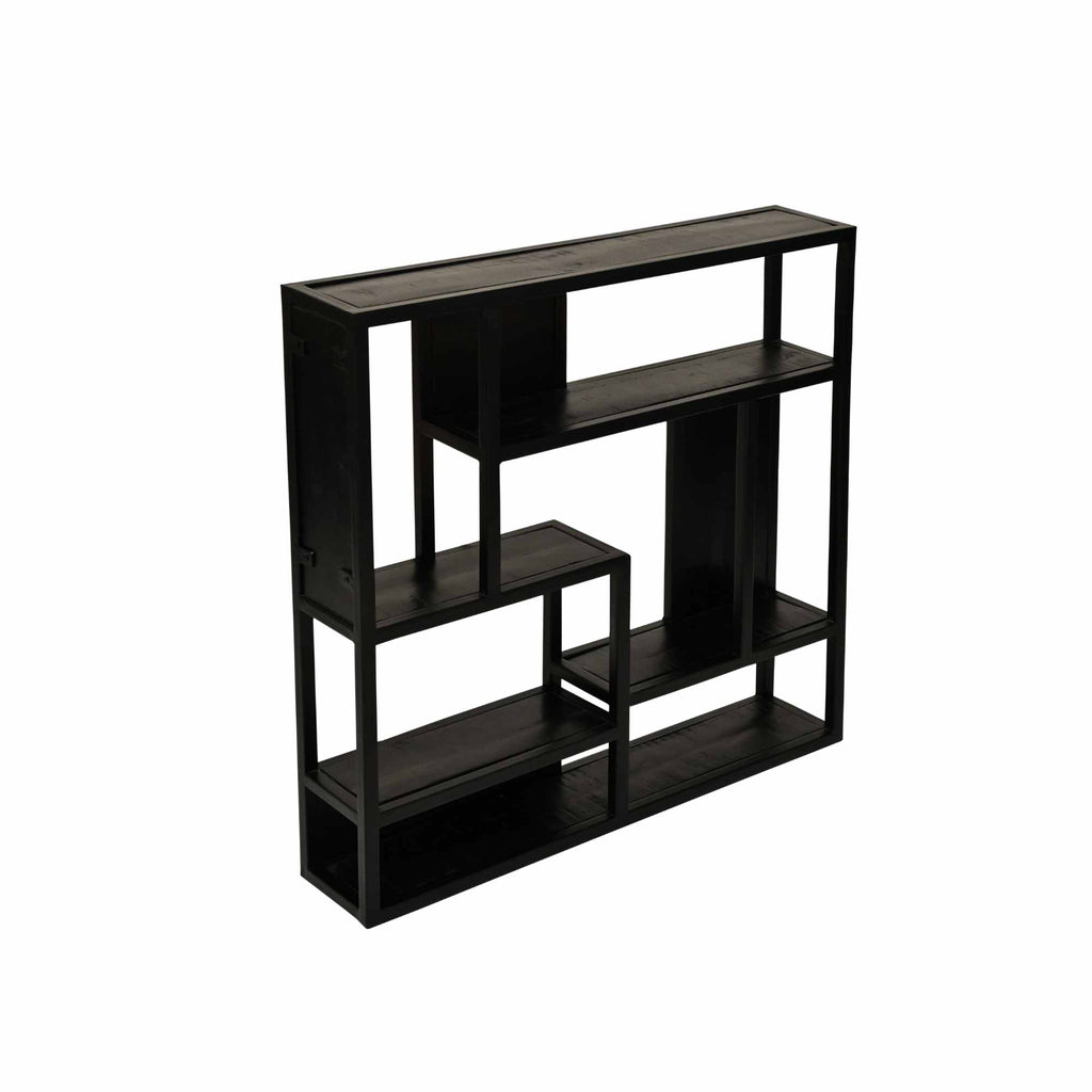 Wandregal Mango Schwarz – Regal aus massivem Mangoholz mit schwarzem Metallrahmen, 75 x 16 x 75 cm