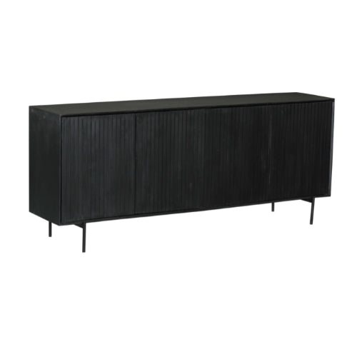 Sideboard Mandy Schwarz – Mangoholz mit Metallrahmen, 4 Türen im Lamellen-Design, modernes Lowboard 210 x 45 x 85 cm