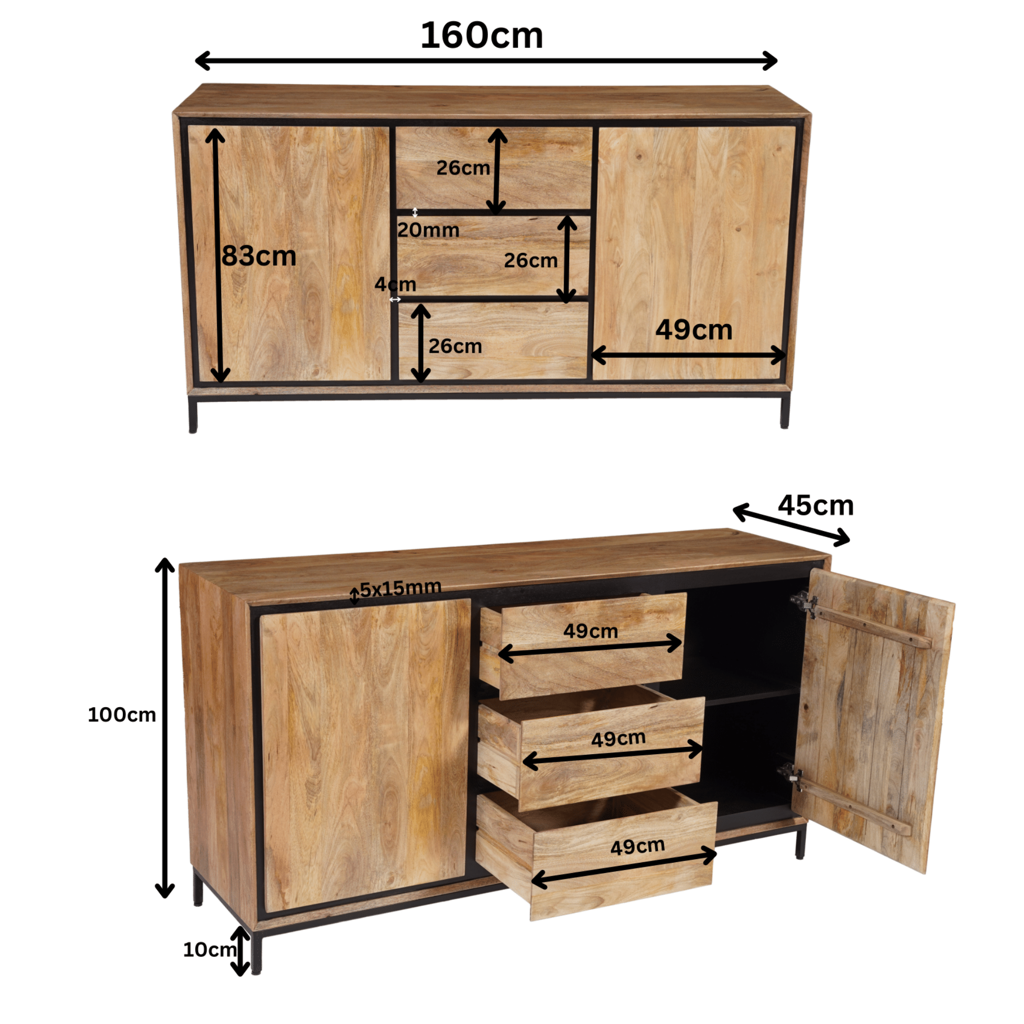 Sideboard Rois – Mangoholz mit schwarzem Metallrahmen, 2 Türen & 3 Schubladen, 160 x 45 x 85 cm