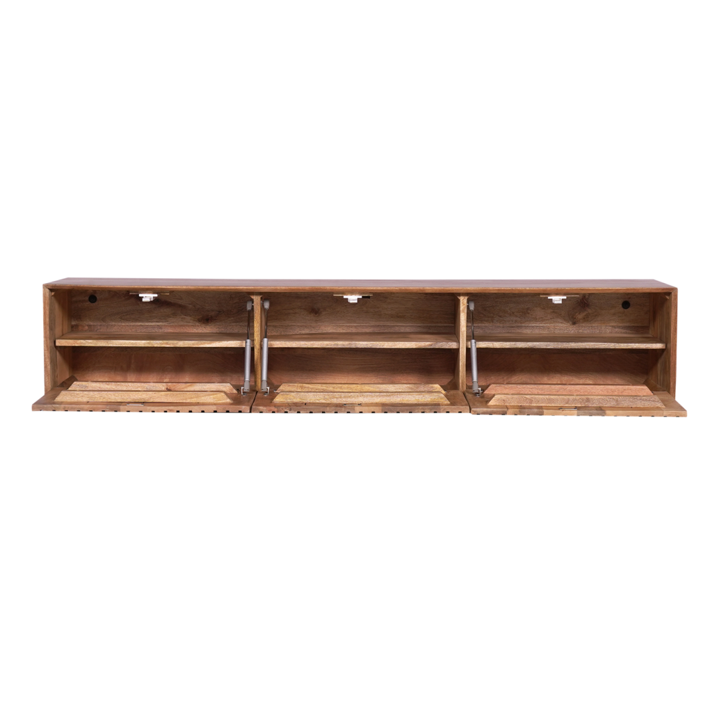 TV Board Mandy Naturel hängend – Lowboard aus massivem Mangoholz mit Lattenmuster & Push-to-Open, 280x35x30 cm