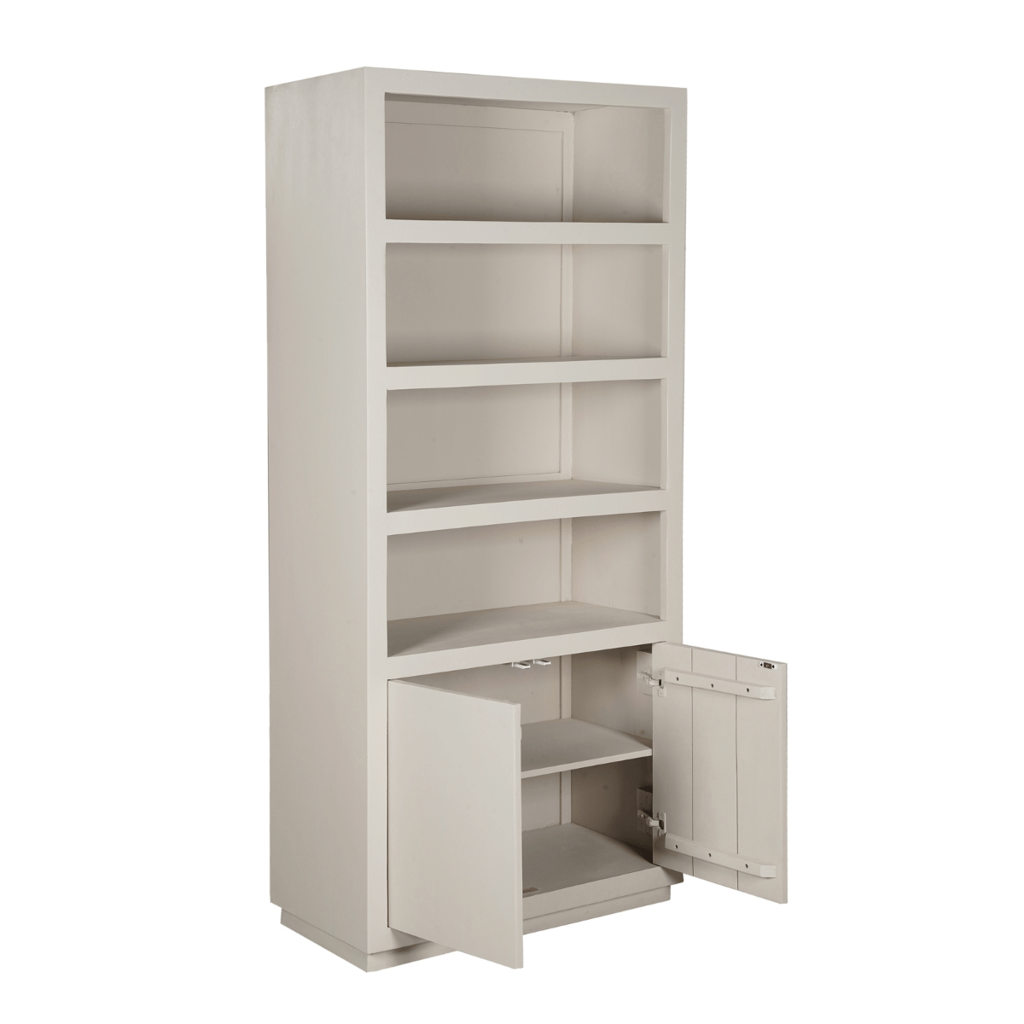 Bücherregal Bali 90x45x200 cm – Mangoholz Regal mit Sand-Finish, offenen Fächern & grifflosen Türen