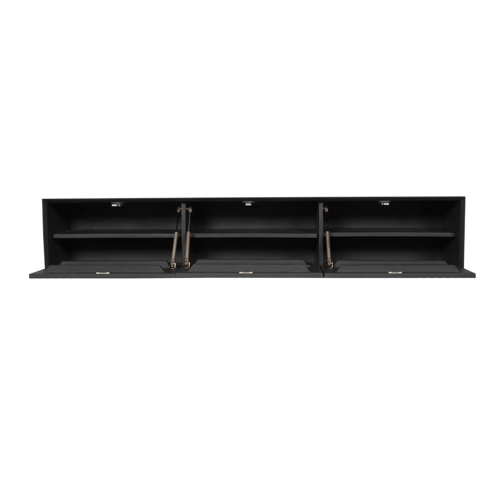 Schwebendes TV-Board Mandy Schwarz 160x35x30 cm – modernes Mangoholz Lowboard mit Lamellenfront & Push-to-Open