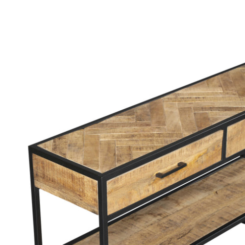 Beistelltisch Aloy – Mangoholz & Metall mit 2 Schubladen und Ablage, 120 x 35 x 76 cm, moderner Konsolentisch in Schwarz