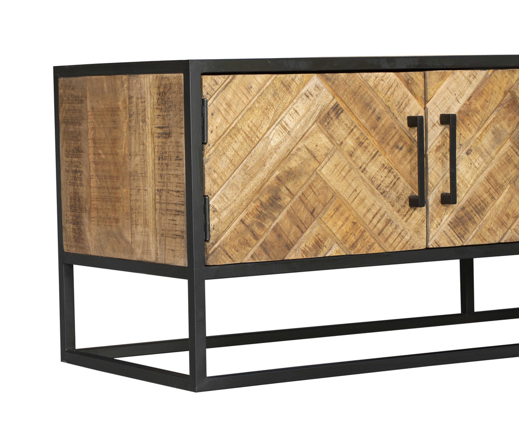 TV-Board Aloy Schwarz – Mangoholz mit Fischgrätenmuster & Lamellen-Details, 240 x 45 x 50 cm, modernes Lowboard